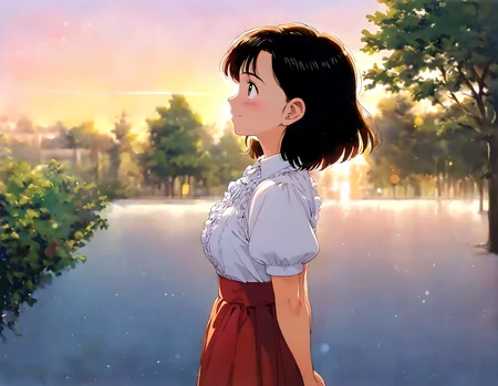 <lora:pony_xl_yawara:0.8>,yawara,score_9,score_8_up,score_7_up,source_anime,best quality,masterpiece,super fine illustration,1girl,solo,cowboy shot,blush,smile,collared shirt,white shirt,puffy short sleeves,frills,red skirt,arms behind back,nature,day,blue sky,high sky,park,a refreshing breeze,from_side,looking_up,standing,looking up at the sky,chest-warp,depth of field,bokeh,rim light,lens_flare,