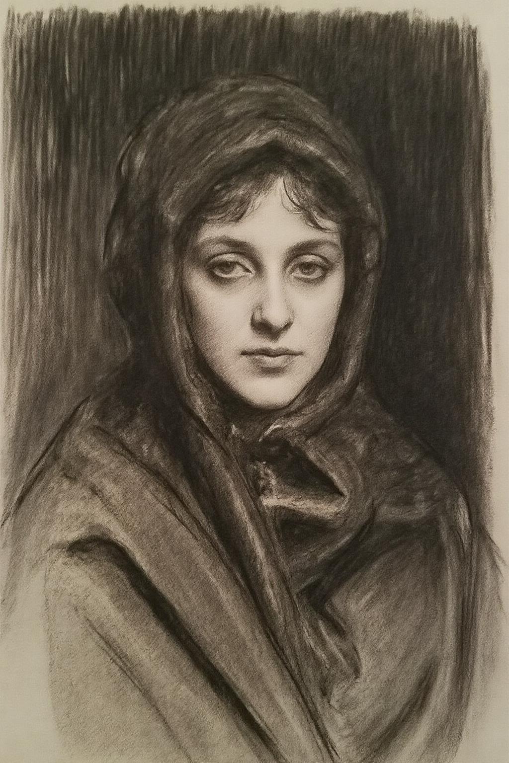 johnss1 charcoal drawing. 
A dramatic charcoal drawing of a melancholic woman wearing a dark hooded cloak. Her face is pale and expressive, with deep, haunting eyes and a solemn expression. The shading is intense, with bold contrasts between light and shadow, creating a moody, atmospheric effect. Her cloak is draped around her shoulders, with rich folds and textured fabric adding depth. The background is dark, textured and sketchy, enhancing the mysterious, gothic aesthetic. The overall composition is reminiscent of 19th-century portraiture, evoking a sense of sorrow and contemplation.
 <lora:johnss1_cap_d6a3e12:1.0><lora:824330118467054669:0>
