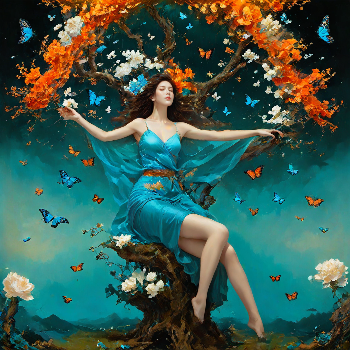 <lora:add-detail-xl:1.0>, 1girl, barefoot, solo, flower, tree, brown hair, butterfly, sitting, long hair, bug <lora:LangV2:0.85>, <lora:RuanV2:0.6>,