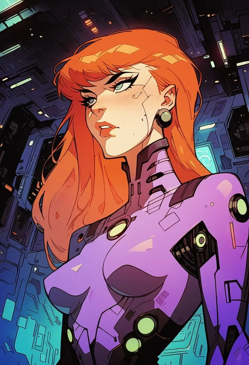 score_9, score_8_up, score_7_up, score_6_up, dcaustyle, 1girl, daphne blake, bodysuit, ginger hair, undercut, pointy breasts, spacecraft interior, 2d, knva, cyberpunk,