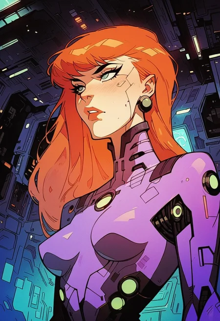 score_9, score_8_up, score_7_up, score_6_up, dcaustyle, 1girl, daphne blake, bodysuit, ginger hair, undercut, pointy breasts, spacecraft interior, 2d, knva, cyberpunk,