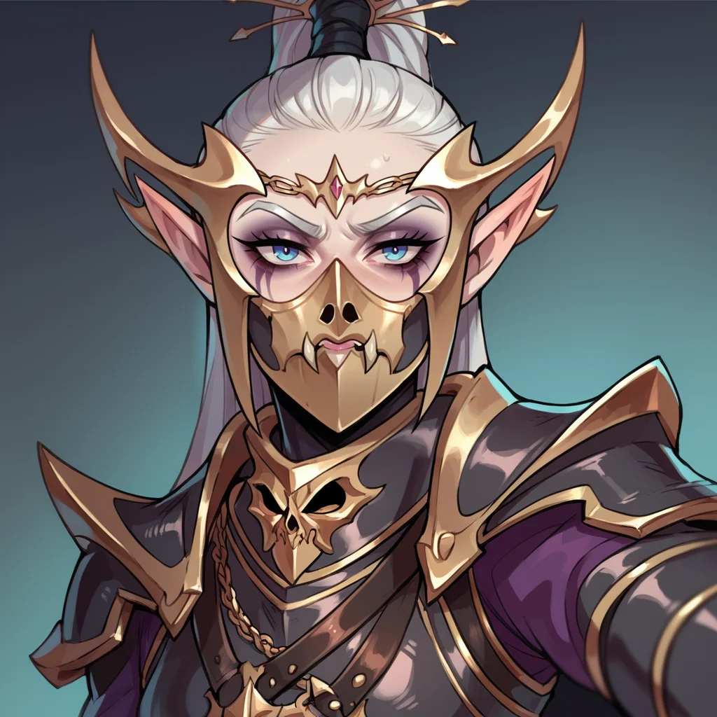 score_9, score_8_up, score_7_up, selfie,
DreadLord, elf, woman, solo, pale gray skin, white hair, armor, helmet, mask,
<lora:Dark_Elf_Dreadlord_PonyXL_Total_War_Warhammer:0.7>