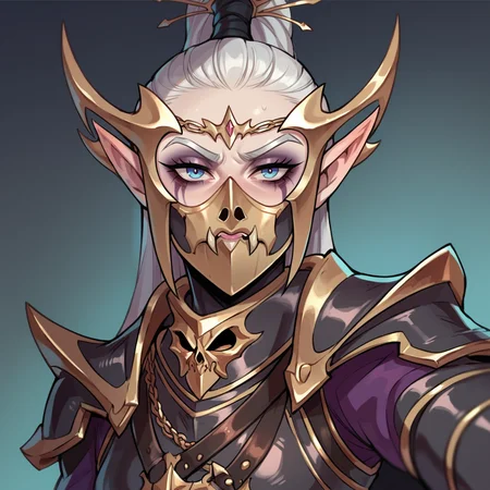 score_9, score_8_up, score_7_up, selfie,
DreadLord, elf, woman, solo, pale gray skin, white hair, armor, helmet, mask,
<lora:Dark_Elf_Dreadlord_PonyXL_Total_War_Warhammer:0.7>