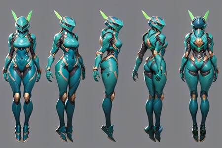 (GENERAL:0), mecha, robot, masterpiece, best quality, very aesthetic, absurdres, solo, standing,
(VIEWS:0), full body character turnaround of mecha,
Multiple views of the same mecha, (simple background, white background:1.2), multiple views, side view, back view, front view,
sunglasses, goggles,
mask, helmet,
Fly \(insect\)ï¼
slayer Praetor suit\(Doom\),
plate armor, power suit, alien,
android, cybersuit, upper armor, mechanical arms, machinery, prosthesis,
(bodyshape:0), Toned and athletic body,
(clothing:0), (Distressed denim jacket, joggers, white sneakers:0.6),
(cyan
medieval theme character design:1.1),
<lora:MechTurnXLRemix_v1:.5>
<lora:MechTurnXL_v1:.5>
<lora:ClothTurnXLRemix_v1-000004:.25>
<lora:ClothTurnXL_v1-000004:0.25>
<lora:CharTurnXL_v2:0.25>
<lora:xl_more_art-full_v1:.25>,
<lora:Alphonse Mucha Style:.1>, Alphonse Mucha Style page
<lora:å½é£æç»SDXL:.1>
<lora:EnvyMechaGirlXL01:1>