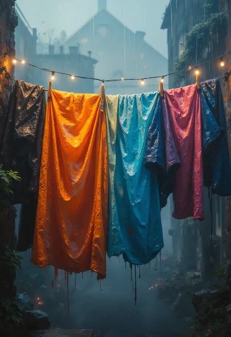 A closeup of a clothes line with wet clothes on a rainy day, Vibrant Glow
