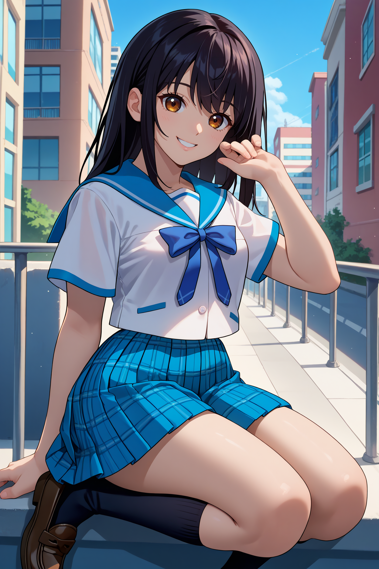 score_9, score_8_up, score_7_up, score_6_up, source_anime, 1girl, solo, <lora:himeragiyukina-pdxl-nvwls-v1-000005:1> himeragistb, black hair, long hair, brown eyes, white shirt, blue sailor collar, blue ribbon, short sleeves, blue skirt, plaid skirt, pleated skirt, thighs, black socks, kneehighs, loafers, whole body, looking at you, happy, smile, hand up, city, blue sky