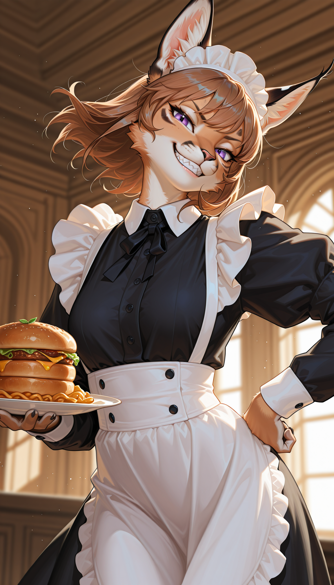 masterpiece, best quality, amazing quality, very aesthetic, 4k, high resolution, ultra-detailed, absurdres, newest, scenery, 1girl, furry, anthro, feline, solo, cat girl, caracal cat, brown hair, bob cut, hair flaps, wavy hair, purple eyes, tsurime, smirk, smug, grin, sharp teeth, v-shaped eyebrows, doyagao, french maid, maid headwear, holding plate with food on with one hand, hand on hip, looking at viewer, dutch angle, from below, upper body, face focus, long ears, twisty pose, floating hair, leaning forward, twisted torso, hip tilt, head tilt, BREAK, cinematic, eyes, detailed eyes, detailed hair, depth of field, detailed fluffy fur, photorealistic details, volumetric lighting