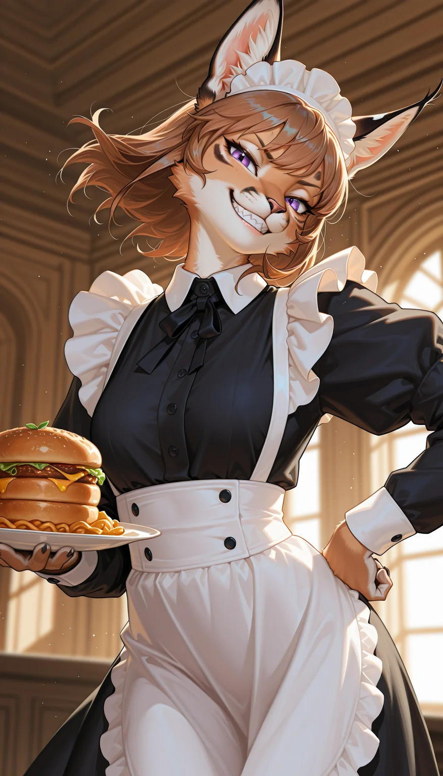 masterpiece, best quality, amazing quality, very aesthetic, 4k, high resolution, ultra-detailed, absurdres, newest, scenery, 1girl, furry, anthro, feline, solo, cat girl, caracal cat, brown hair, bob cut, hair flaps, wavy hair, purple eyes, tsurime, smirk, smug, grin, sharp teeth, v-shaped eyebrows, doyagao, french maid, maid headwear, holding plate with food on with one hand, hand on hip, looking at viewer, dutch angle, from below, upper body, face focus, long ears, twisty pose, floating hair, leaning forward, twisted torso, hip tilt, head tilt, BREAK, cinematic, eyes, detailed eyes, detailed hair, depth of field, detailed fluffy fur, photorealistic details, volumetric lighting
