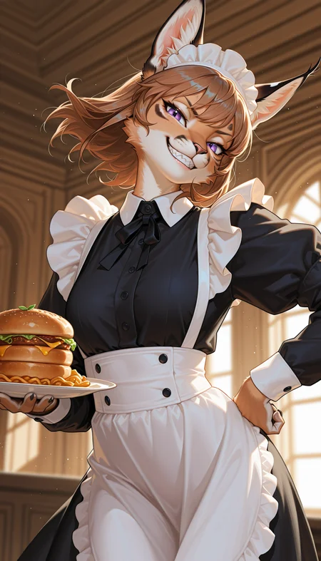 masterpiece, best quality, amazing quality, very aesthetic, 4k, high resolution, ultra-detailed, absurdres, newest, scenery, 1girl, furry, anthro, feline, solo, cat girl, caracal cat, brown hair, bob cut, hair flaps, wavy hair, purple eyes, tsurime, smirk, smug, grin, sharp teeth, v-shaped eyebrows, doyagao, french maid, maid headwear, holding plate with food on with one hand, hand on hip, looking at viewer, dutch angle, from below, upper body, face focus, long ears, twisty pose, floating hair, leaning forward, twisted torso, hip tilt, head tilt, BREAK, cinematic, eyes, detailed eyes, detailed hair, depth of field, detailed fluffy fur, photorealistic details, volumetric lighting