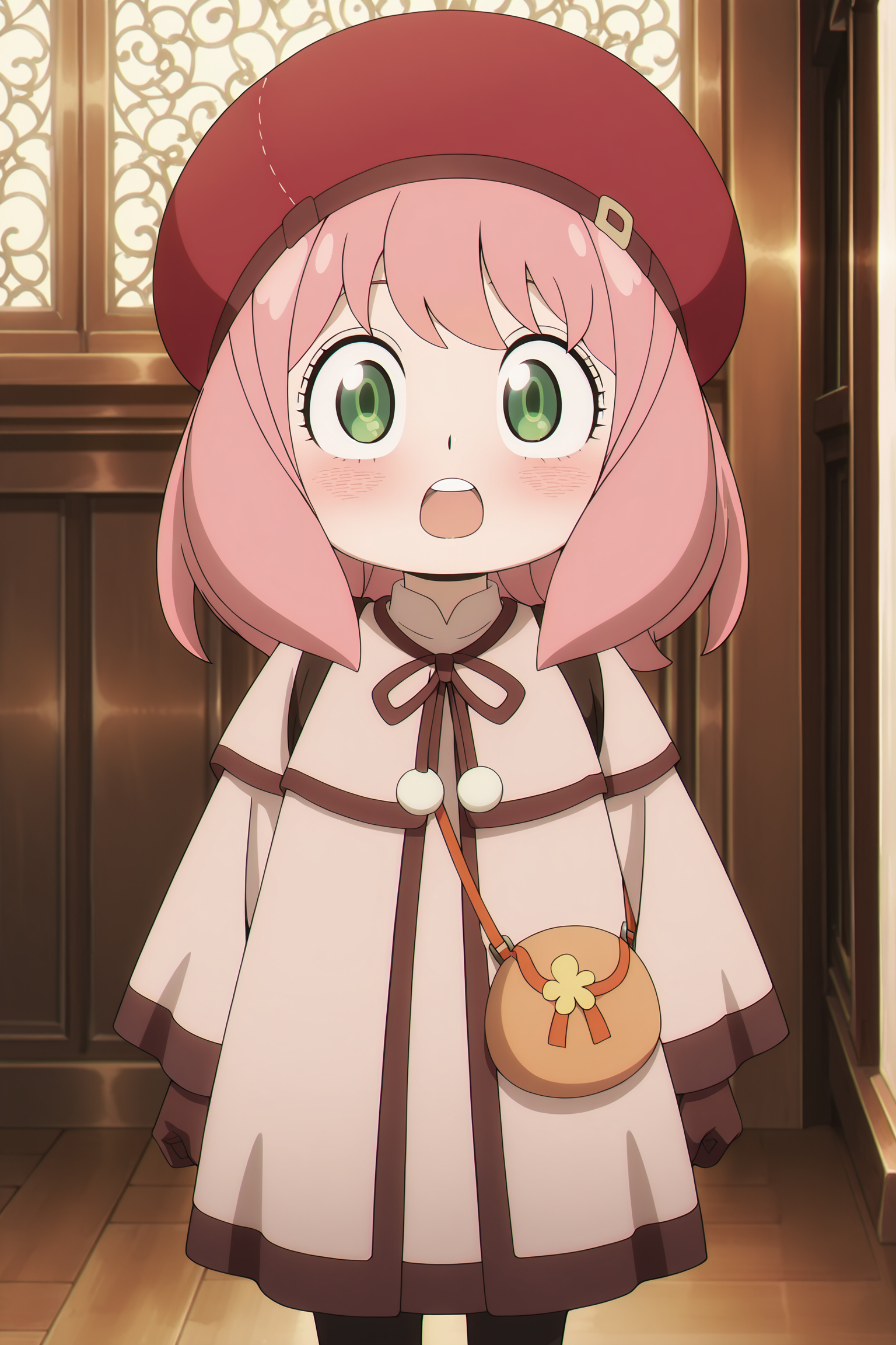 anime screencap, anime coloring, detailed face, masterpiece, best quality, very aesthetic, absurdres, volumetric lighting, official style, amazing quality, ultra detailed,  highres, amazing quality, scenery, beautiful detailed hair, beautiful detailed eyes,
<lora:Anya_Forger_Spy_x_Family:1>
Anya coat with white bobbles (outfit), Anya Forger (character), 1girl, anya (spy x family), green eyes, solo, pink hair, open mouth, teeth, red headwear, hat, child, blush, upper teeth only, brown gloves, looking at viewer,  meme, amazed, pantyhose, brown gloves, medium hair