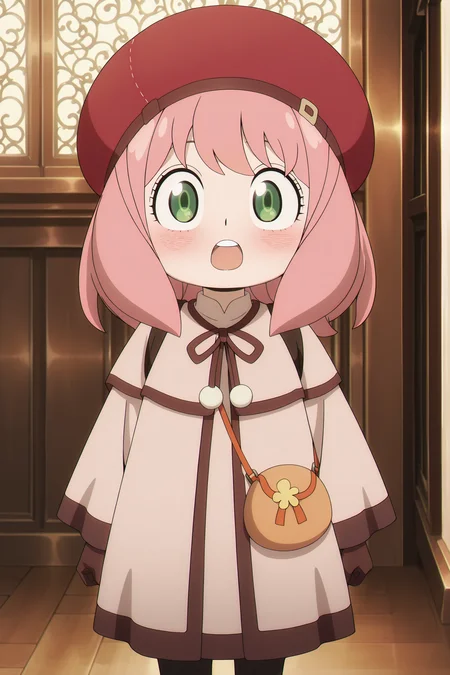 anime screencap, anime coloring, detailed face, masterpiece, best quality, very aesthetic, absurdres, volumetric lighting, official style, amazing quality, ultra detailed,  highres, amazing quality, scenery, beautiful detailed hair, beautiful detailed eyes,
<lora:Anya_Forger_Spy_x_Family:1>
Anya coat with white bobbles (outfit), Anya Forger (character), 1girl, anya (spy x family), green eyes, solo, pink hair, open mouth, teeth, red headwear, hat, child, blush, upper teeth only, brown gloves, looking at viewer,  meme, amazed, pantyhose, brown gloves, medium hair
