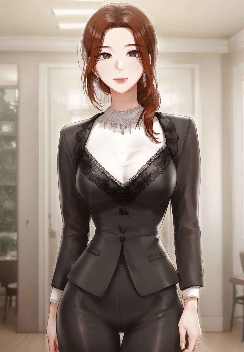 zPDXL3, score_9_up, score_8_up, score_7_up, (Anime_source),Masterpiece,(perfect female body:1.2), small waist,(incredibly detailed:1.4), slim, beautiful fingers, beautiful white skin, Beautiful clear skin, (thick thighs), cowboy shot, looking at viewer, (facing viewer:1.5), , <lora:Hyeonjung_Lee_-_Hyeonjungs_Residence-PONY-Kaleid:1> hyeonjunglee, 1girl, brown hair, brown eyes, mole, long hair, indoors, parted bangs, suit,