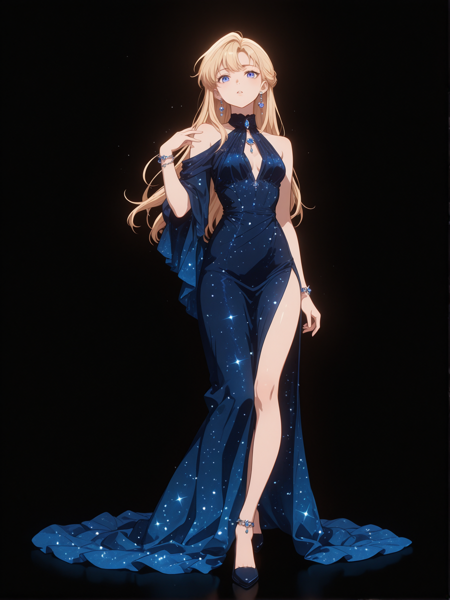 (black background, sssplashb, full body:1.2), 
 1girl, solo, lazypos, anime-style digital drawing, low angle side view, looking at viewer, soft pastel colors, detailed and delicate, whimsical and dreamy, soft shading, detailed textures, gentle and innocent expression, intricate and ornate, elegant and charming, anime girl, delicate and feminine, soft and gentle colors. night, moon, moonlight, outdoors, standing, hand up,  blonde hair, open eyes, singing,  dress, blue dress, long dress, starry sky print, evening gown, halterneck, jewelry, gem, blue gemstone, bare shoulders, single bare shoulder, asymmetrical sleeves, side slit, bracelet, earrings