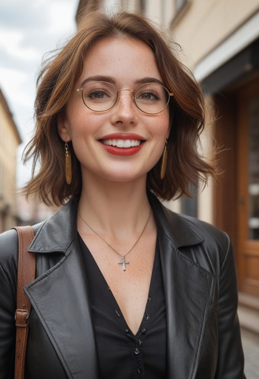 masterpiece, hyperrealistic, epicRealism, UHD, 8k, photography, cowboy shot, makeup, beautiful, beautiful eyes, long eyelashes, freckles, detailed mouth and eyes, white teeth, perfect teeth, detailed lips, red lipstick, detailed face, perfect and delicate hands, gorgeous woman, cute face, petite, smile, big smile, white teeth, dark eyeliner, beautiful woman, freckles, Expressiveh, 1girl, gorgeous 40 years old woman,( cute woman, cute face, mature), focus on girl, dynamic lighting, cinematic take, cinematic lighting, award-winning photo, skin texture, vivid natural colors, full ultra HD 8k quality, masterpiece, best quality, highly detailed, overall detail), skin details,realistic skin, medium breasts, round natural breasts, fit, brunette wavy hair, vivid brown eyes, large round glasses, front view, in a German old town, daytime, wearing a black leather jacket, yellow blouse, crucifix pendant in a long leather cord dangling between breasts, small golden earrings, brown trousers and knee-high black boots, natural sunlight, daytime, (shallow depth of field, boken, warm light). volumetric lighting, vivid colours,