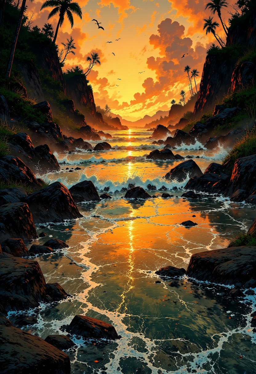 Costa Rican Jungle Beach – Sunset Glow & Rocky Tide Pools
"A wild and untouched Costa Rican beach, where golden light reflects off rocky tide pools filled with tiny fish. The surrounding jungle hums with life, and the silhouettes of parrots fly against the deep orange sky. Gentle waves crash against the shoreline, sending bursts of sea spray into the warm air."