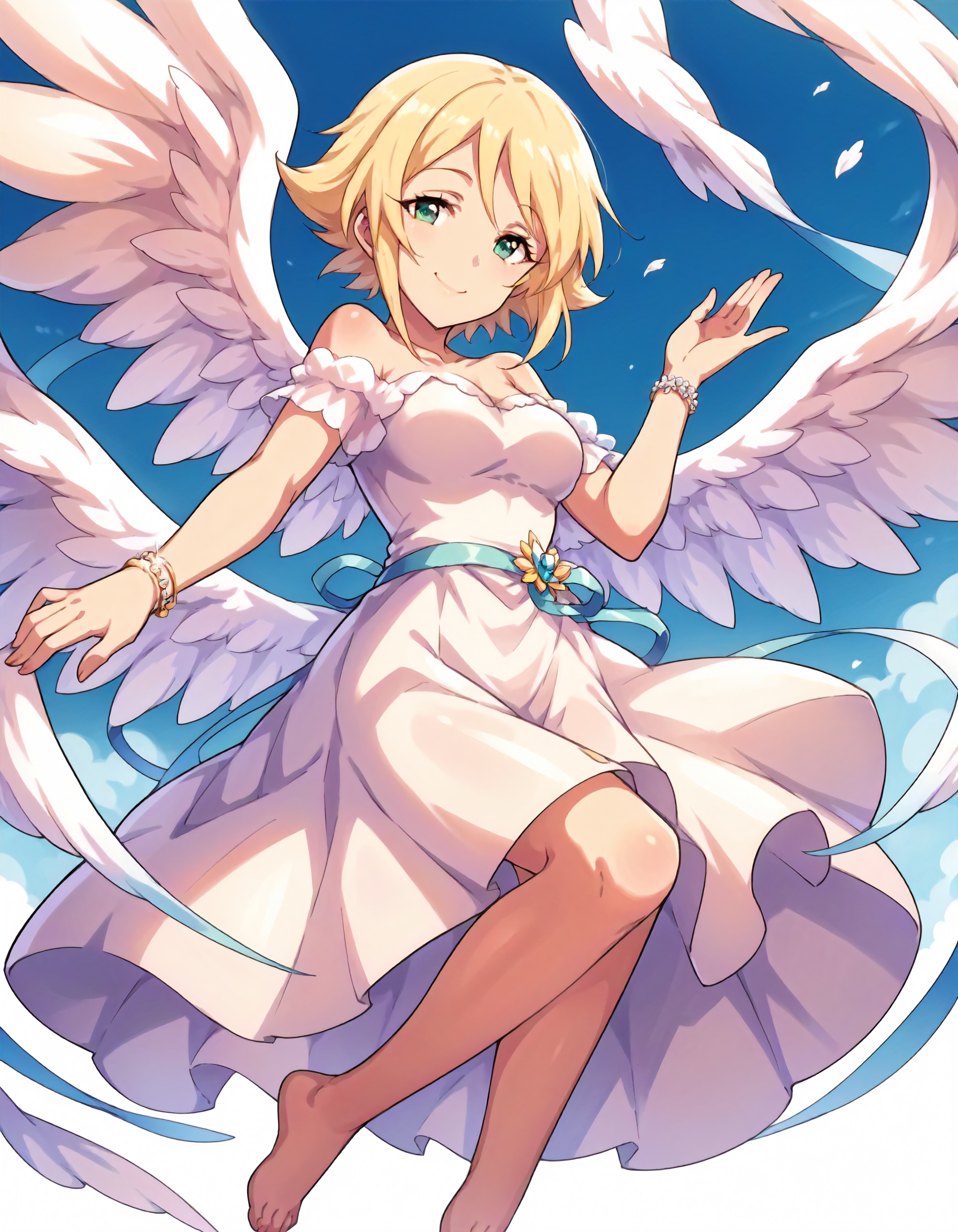 score_9,score_8_up,score_7_up,1girl,solo,looking at viewer,smile,heaven,standing,floating,
<lora:umekiotoha_ponyXLV6:0.8>,cguo,blonde hair,short hair,green eyes,medium breasts,
angel wings,bracelet,dress,barefoot