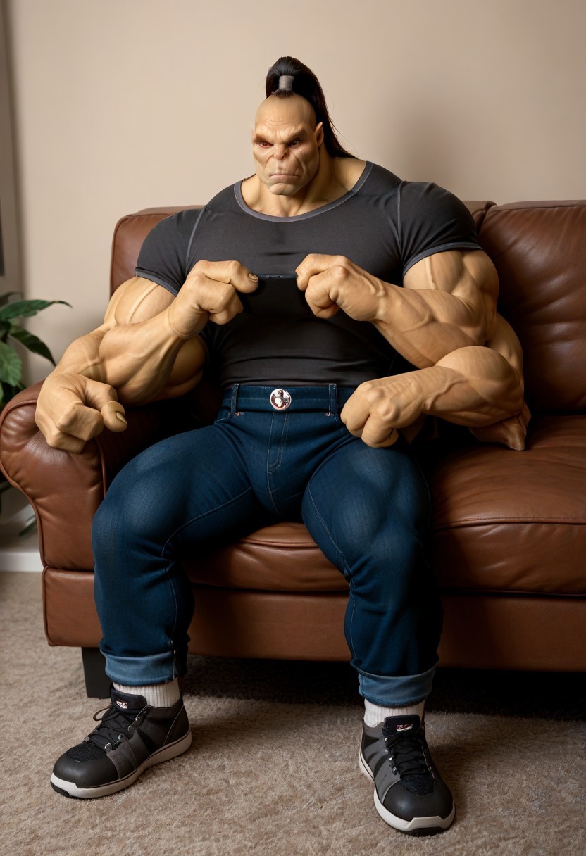 solo, male, huge muscles, mk_goro, 4 arms, four arms, (((3 fingers))), shirt, pants, shoes, sitting on a couch, relaxing, watching TV