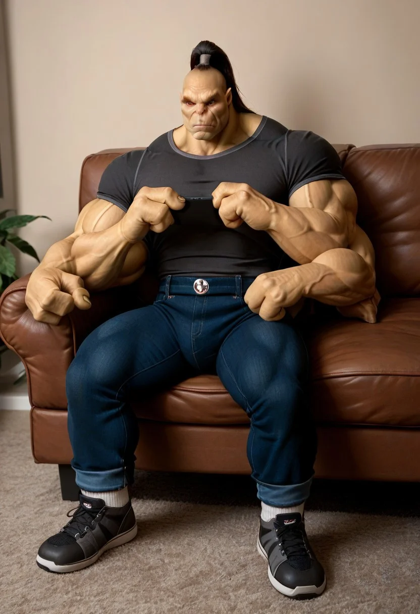 solo, male, huge muscles, mk_goro, 4 arms, four arms, (((3 fingers))), shirt, pants, shoes, sitting on a couch, relaxing, watching TV