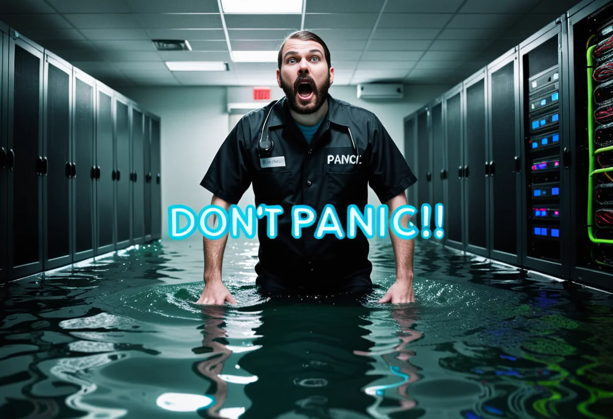 Flooded server room, Server engineer waist deep in water, looking confused with neon text:"Don't panic!"
<lora:text:0.8>