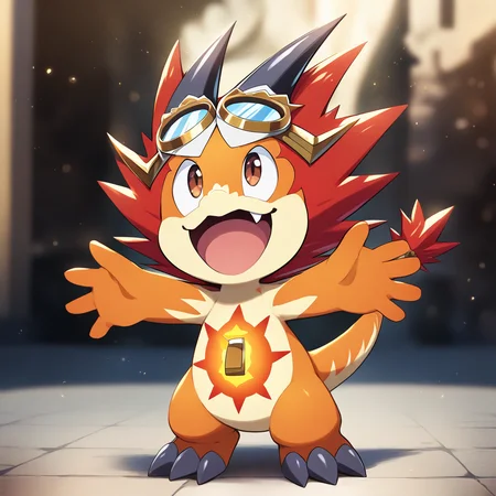 <lora:bal_V1-1>,sun dragon bal\(mini\),goggles,goggles on head,open mouth,no humans,smile,fang,outstretched arms,:d,standing,brown eyes,tongue,looking up,full body,happy,blurry background,blurry,official art,masterpiece,high score,great score,absurdres,