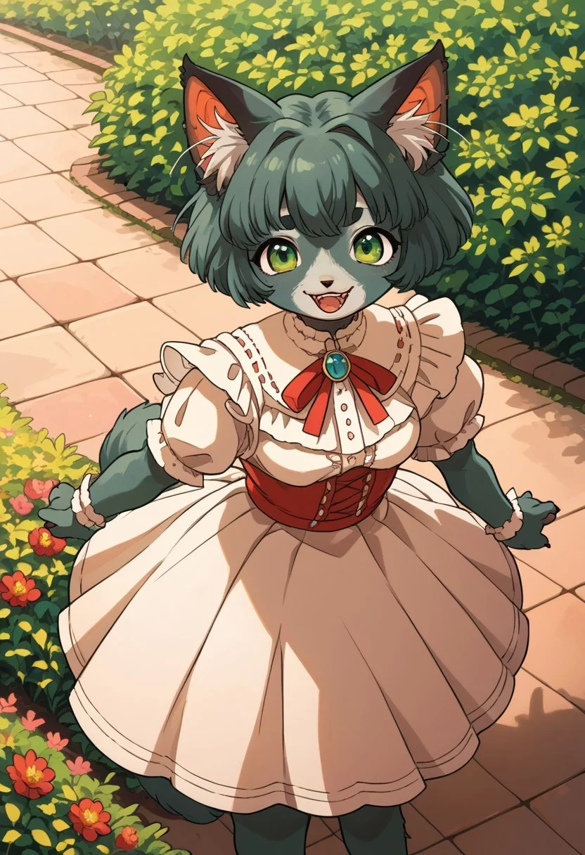 score_9, score_8_up, score_7_up, source anime,
masterpiece, best quality, detailed, amazing quality,
detailed background, park, flowers,
detailed eyes, clean eyes,
dynamic pose, from above,
solo,
easynegative,
furry, cat girl, 1girl, happy, dress, pastel colors, green eyes, gray fur,