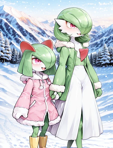 (2girls:1.5), (general:1.3), (detailed background:1.5), <lora:CoutureCraze_IXL:1> C0utur3Cr4z3, snow, mountain, tree, snowing, happy, footprints, holding hands, height difference, BREAK
<lora:Gardevoir_-_V3_Natural:1> (((gardevoir))), female, Anthro, ((pale white skin)), coat, fur-trimmed coat, long skirt, boots, gloves, BREAK
<lora:Kirlia_-_IL_Version:1> (((Kirlia))), female, anthro, jacket, hooded jacket, fur-trimmed jacket, rubber boots, mittens, BREAK
dramatic shadows, cinematic lighting, (photo background:1.1), Neromashin_Style_SKNSFW, P3ng01nd00, S0d3v111111m0, (8K resolution:1.2), (masterpiece:1.2), best quality, amazing quality, very aesthetic, absurdres, newest, (ultra detailed:1.3), (uhd:1.1), <lora:ishikeXLillokrV53P1T1:0.5> <lora:AIã¤ã©ã¹ããããã_style_illustrious_goofy:0.5> <lora:ahemaru_777:0.65> <lora:Neromashin_Style_SKNSFW:0.55> <lora:Penguindou:0.35> <lora:Sodeviiiiiimu_Style:0.4> <lora:cfg_scale_boost:0.7> <lora:Smooth_Booster_v2:0.5> <lora:StS-Illustrious-Detail-Slider-v1.0:3.0> BREAK