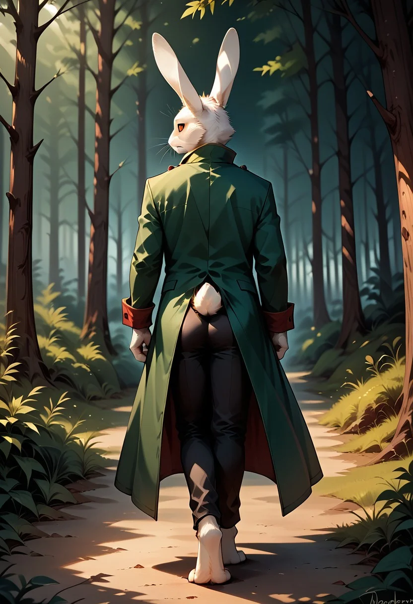 masterpiece, absurdres, very aesthetic, score_9, score_8_up, score_7_up, score_6_up,
rear view, from behind, no humans,
solo, furry male, Anthro Rabbit, Marquis_De_Hoto, blank eyes, red sclera, no pupils, mouthless, whiskers, (cheek tuft:1.2), rabbit ears, white ears, white fur, white body, rabbit tail, scut tail, (high collar, popped collar:1.2), long neck, yellow neck ribbon, slim, skinny, looking back,
maroon tailcoat, ragged coat, torn coat, sleeve cuffs, green vest, black capri pants, black knee breeches, rolled up pants, barefoot, rabbit feet, perfect hands, full-length portrait, full body, walking, old-fashioned, (adjusting clothes:1.1), adjusting sleeve, confident,
detailed shading, absurdres, outdoors, forest, light shaft, dark, cast shadow, realistic fur, furry_diffusion