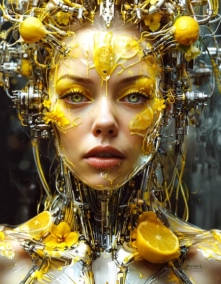 biomechanical cyberpunk glamorous photo Art by florist Mandy Disher, digital illustration, portrait of a beautiful lady, perfect anatomy, centered, yellow lemon theme, multiple shades of yellow, burst of lemon zest and juice, close to perfection, dynamic, very detailed, watercolor, ArtStation, concept art, blur, sharp focus, illustration, Carne Griffiths, Wadim Kashin. . high fashion, luxurious, extravagant, stylish, sensual, opulent, elegance, stunning beauty, professional, high contrast, detailed <lora:MJ52.safetensors:0.00> . cybernetics, human-machine fusion, dystopian, organic meets artificial, dark, intricate, highly detailed