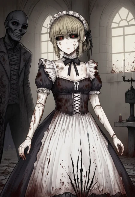 score_9, score_8_up, score_7_up, rating_explicit, 1girl, pointy ears, (milf:1.6), beautiful face, slim girl, medium white hair, hair between eyes, mature female, wide hips, simple background, standing, broken doll, monster girl, doll, doll joints, solo focus, small breasts, broken, amputated arm,black souls style, standing, black sclera, red eyes, torn dress, gothic, dirty, white skin, porcelain, , ruffles, bows, Victorian clothing