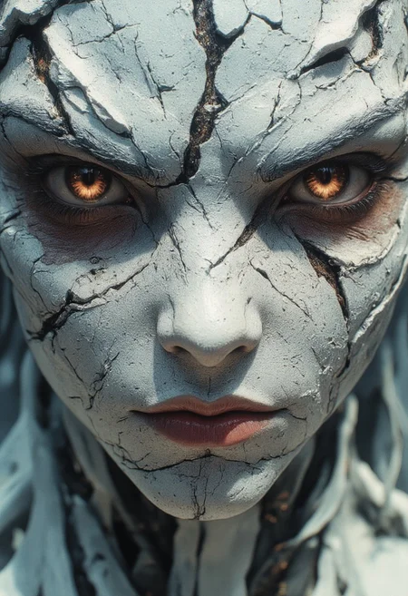 The image is a highly detailed, CGI-rendered digital artwork capturing an extreme close-up of a mystical woman. She wears an enigmatic mask made of white plaster, distinguished by two large, round, black dots serving as eyes. The mask’s surface is intricately detailed with cracks and fissures, through which the exquisitely rendered features of her face are subtly revealed. Her expression, partially hidden yet powerfully evocative, hints at ancient secrets and deep emotion.
Bathed in soft, ethereal light, the scene exudes a surreal quality that heightens its mystical allure. Gentle, diffused illumination caresses the delicate contours of the plaster mask and the intricate details of her skin, emphasizing the interplay of light and shadow. The ambient glow enhances the texture of the fractured plaster, casting soft highlights along the edges of the cracks, while deep, tender shadows add a sense of depth and intrigue to her partially unveiled visage.
The overall atmosphere is one of profound mystery and quiet intensity—a visual narrative where concealment and revelation intertwine. Rendered in ultra-realistic 8K quality, every nuance from the mask’s subtle imperfections to the soulful glimpse of the woman beneath is brought to life, creating an artwork that is both hauntingly beautiful and enigmatically inviting.
