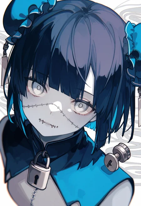 lobelia \(saclia\),zoirun,miyu \(miy u1308\),onineko,ciloranko,
surreal, no lineart, sketch, traditional media, ambient occlusion, depth of field, intricate background, 1girl, solo, stitches, lock, diagonal bangs, blue hair, looking at viewer, bun cover, portrait, white background, blue eyes, short hair, padlock, stitched mouth, stitched face, head tilt, dark blue hair, grey skin, white eyes, colored skin, screw
,masterpiece,best quality,amazing quality,