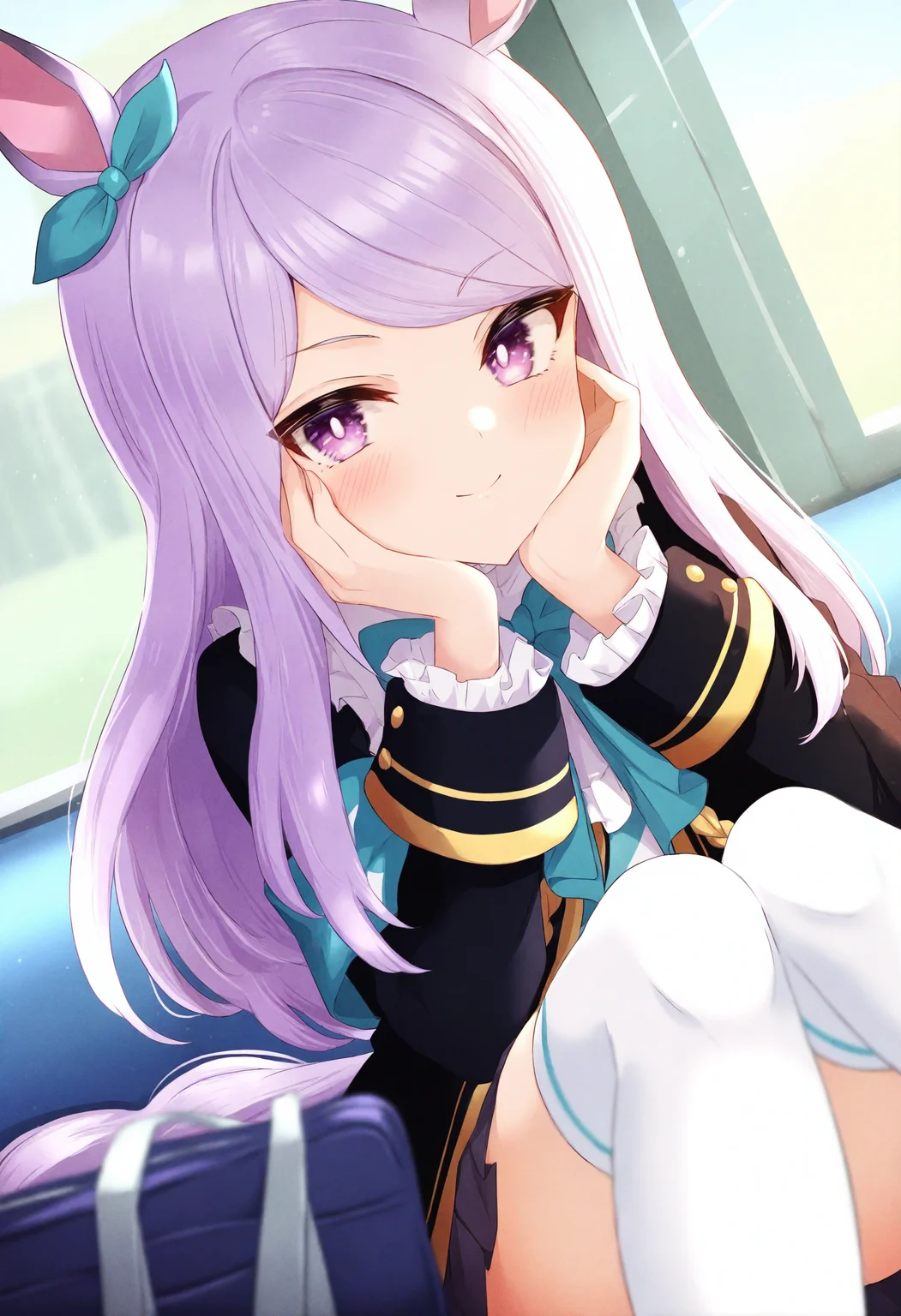 <lora:flash1_noob1.1-000072:1>,
1girl, mejiro mcqueen \(umamusume\), animal ears, long hair, horse ears, solo, thighhighs, purple hair, purple eyes, horse girl, sitting, skirt, blush, jacket, white thighhighs, looking at viewer, school uniform, pleated skirt, smile, long sleeves, ear ribbon, closed mouth, swept bangs, black jacket, bow, bag, hands on own face,
masterpiece,best quality,newest,absurdres,highres,very awa,