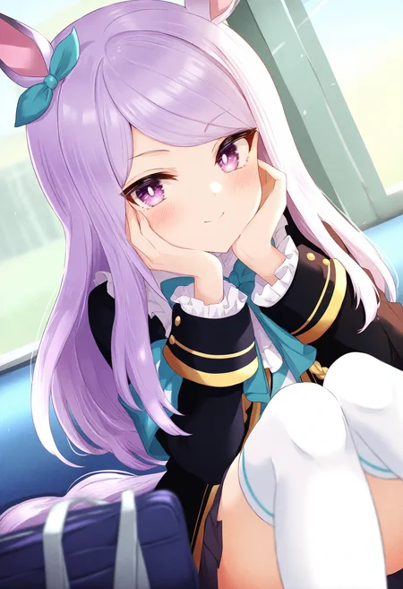 <lora:flash1_noob1.1-000072:1>,
1girl, mejiro mcqueen \(umamusume\), animal ears, long hair, horse ears, solo, thighhighs, purple hair, purple eyes, horse girl, sitting, skirt, blush, jacket, white thighhighs, looking at viewer, school uniform, pleated skirt, smile, long sleeves, ear ribbon, closed mouth, swept bangs, black jacket, bow, bag, hands on own face,
masterpiece,best quality,newest,absurdres,highres,very awa,