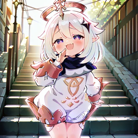 1girl, solo, best quality, masterpiece, pointy ears, flat chest, volumetric lighting, shortstack. white dress, puffy sleeves, white hair, purple eyes, floating crown, legs together, Paimon_(Genshin_Impact), mesugaki, blush, floating, flying pose, outdoors, smug, hand to mouth, <lora:NTR_MIX_4.0_LORA:0.5>