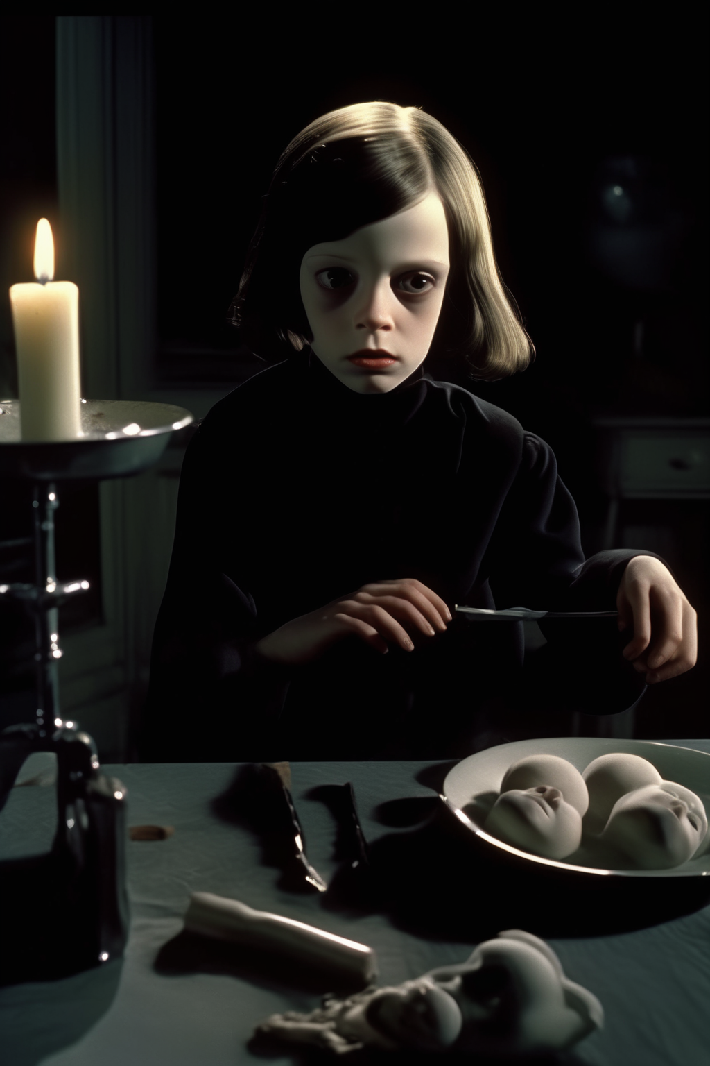 <lora:Director Lars von Trier style:1>Director Lars von Trier style - Create a soft photorealistic scene, consumedavarice, greediness, avidityinspired in the Mental of Gottfried Helnwein and  whith high contrast and Photo sharpness,rapacity, cupidity, dramatic, color photography. wich should feature one photo realistic figures, ideally a spooky looking 25 years old, skinny woman with, long hair, full lips, and big eyes, pale skin, dark circles underneath the eyes, emaciated features, androgyny, wearing black rubber clothes, in a state of arrogance and imperious, all creatures are her subservient slaves, psycho, grief, anorexic represented through gestures, posture, and facial expression. The image should featured a ruined dark and wet cellar vault,which is in a state of gloom and letting go, sadness,grief and loss, representedcountless objects, iron, dirt, wood, water, flowers, candles, dead fish, pearls, rockn roll,