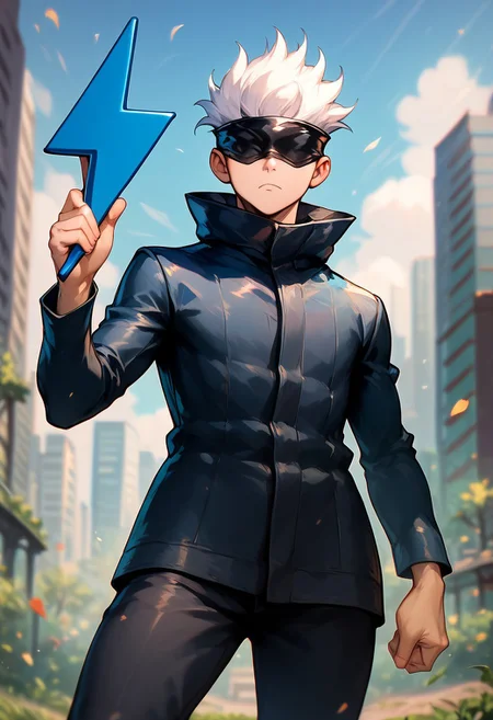 score_9, score_8_up, score_7_up, score_6_up, score_5_up, score_4, solo, gojo satoru, white hair, standing, black blindfold, black jacket, high collar, long sleeves, black pants, serious, looking at viewer, blue buzz, (holding blue buzz:1.3), buzz near chest, hand on chest, dynamic pose, ready to fight, male,