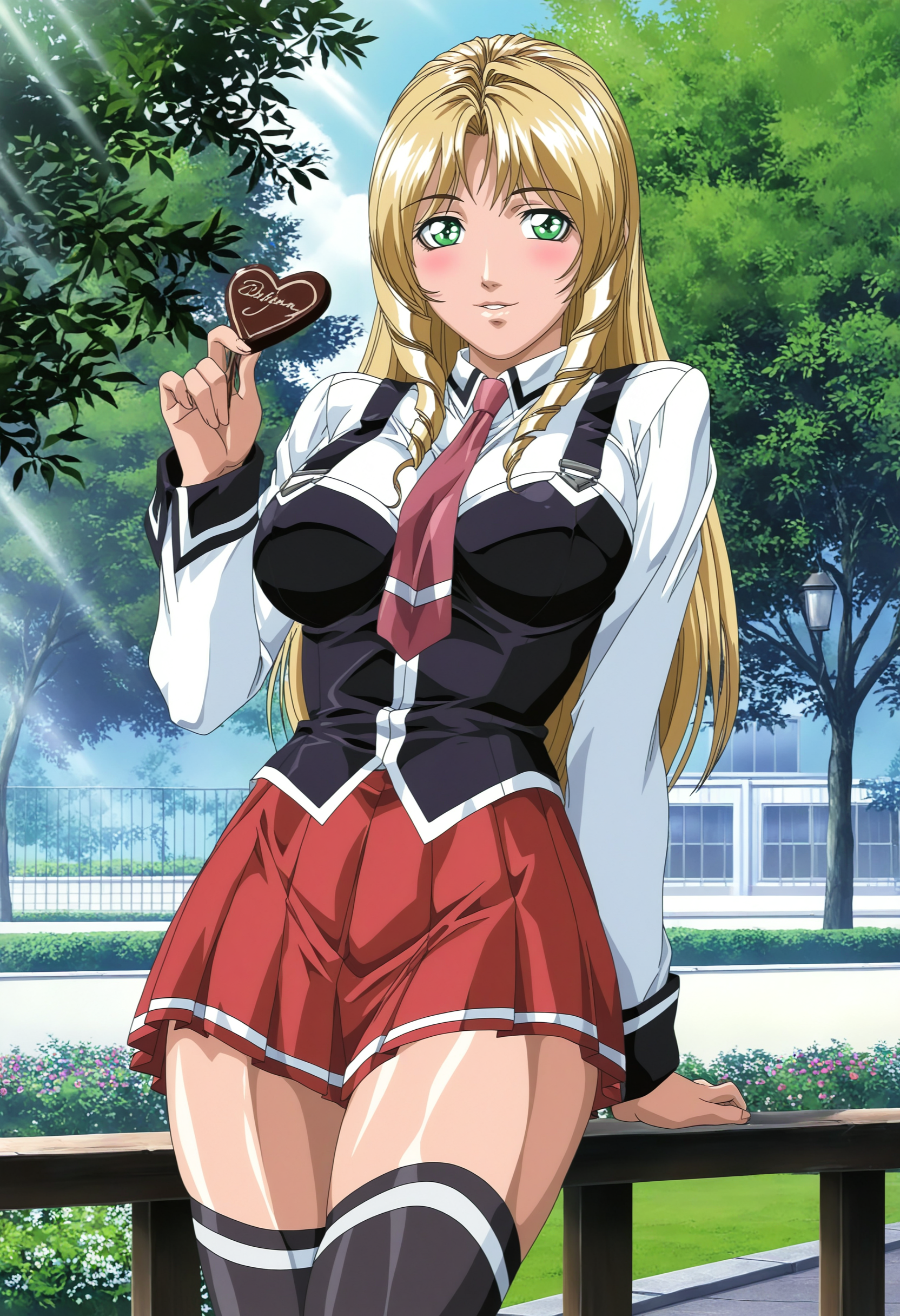 masterpiece, best quality, highres, absurdres, very awa, bloom, shadow, (anime screenshot:0.8), artbook, 
1girl, shiraki rika, standing, cowboy shot,
looking at viewer, blush, parted lips, heart, happy, holding valentine candy, leaning back, leaning on fence, light smile, hand up,
blonde hair, long hair, green eyes, drill sidelocks,
thick thighs, shiny skin, large breasts, curvy,
white shirt, red necktie,  vest, suspenders, red skirt, pleated skirt, black thighhighs, white trim,
outdoors, day, blue skies, tree, sidelighting, sunlight, garden, building, park, road
<lora:Shiraki Rika 3216 NoobAIXL Vpred:1>