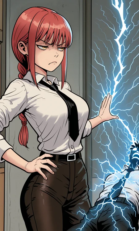 embedding:IllusP0s, f3rn4nd0, force lighting, electrocution, makima, annoyed, white shirt, black tie, one hand on hip, 1girl, 1boy,<lora:Style_soph-Fernando-ILXL.safetensors:1.0:1.0> <lora:force lightning, electrocution_illustrious.safetensors:1:1>