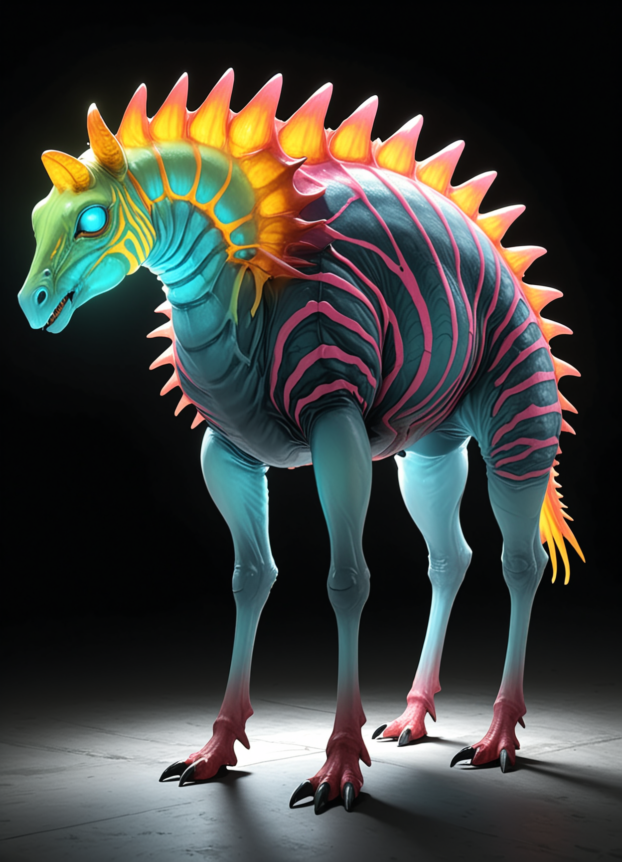 Ombre color scheme of neon pink, neon blue, neon yellow, neon green, neon orange, <lora:TheWeirdies_V2:0.58> thew3irdi3sv2,  Average Carnivorous Geodesic Exo Fungoid, Octopod Multipedal, Clawed Appendages, Trifurcated-Tailed Bushy-Tailed, Exoskeleton, Toothless Mouth Zebra Striped Design  <lora:envyStarlight_v10:0.8> <lora:sss:0.8>, subsurface scattering, Photorealistic, Hyperrealistic, analog style, realistic, film photography, soft lighting, heavy shadow