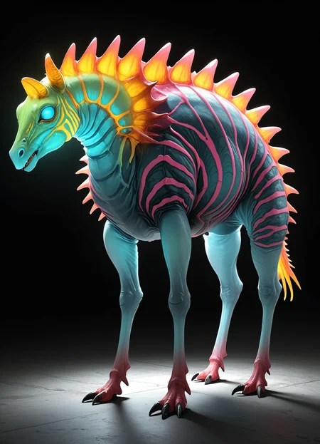 Ombre color scheme of neon pink, neon blue, neon yellow, neon green, neon orange, <lora:TheWeirdies_V2:0.58> thew3irdi3sv2, Average Carnivorous Geodesic Exo Fungoid, Octopod Multipedal, Clawed Appendages, Trifurcated-Tailed Bushy-Tailed, Exoskeleton, Toothless Mouth Zebra Striped Design <lora:envyStarlight_v10:0.8> <lora:sss:0.8>, subsurface scattering, Photorealistic, Hyperrealistic, analog style, realistic, film photography, soft lighting, heavy shadow