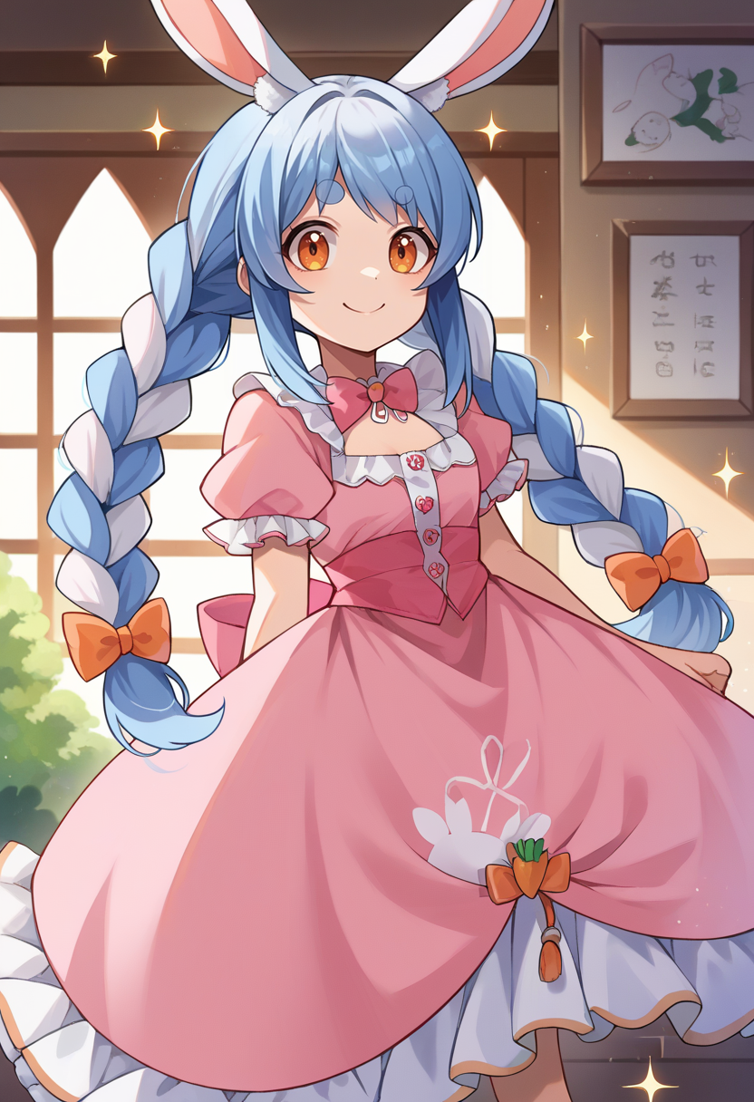 score_9, score_8_up, source_anime, 1girl, solo, UsadaPekora, orange eyes, thick eyebrows, rabbit ears, two-tone hair, blue hair, white hair, long hair, twin braids, cute, long dress, pink dress, frills, bow, :d, sparkles, sparkling, smile, indoors, standing, <lora:ChamUsadaPekoraPonyXL:1>