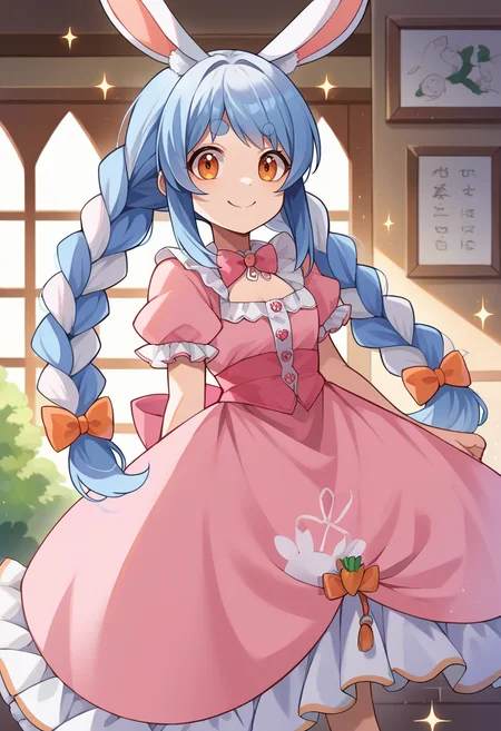 score_9, score_8_up, source_anime, 1girl, solo, UsadaPekora, orange eyes, thick eyebrows, rabbit ears, two-tone hair, blue hair, white hair, long hair, twin braids, cute, long dress, pink dress, frills, bow, :d, sparkles, sparkling, smile, indoors, standing, <lora:ChamUsadaPekoraPonyXL:1>