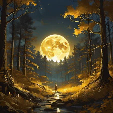 fantasy book cover, full moon, fantasy forest landscape, golden vector elements, fantasy magic, dark light night, intricate, elegant, sharp focus, illustration, highly detailed, digital painting, concept art, matte, art by WLOP and Artgerm and Greg Rutkowski, masterpiece
