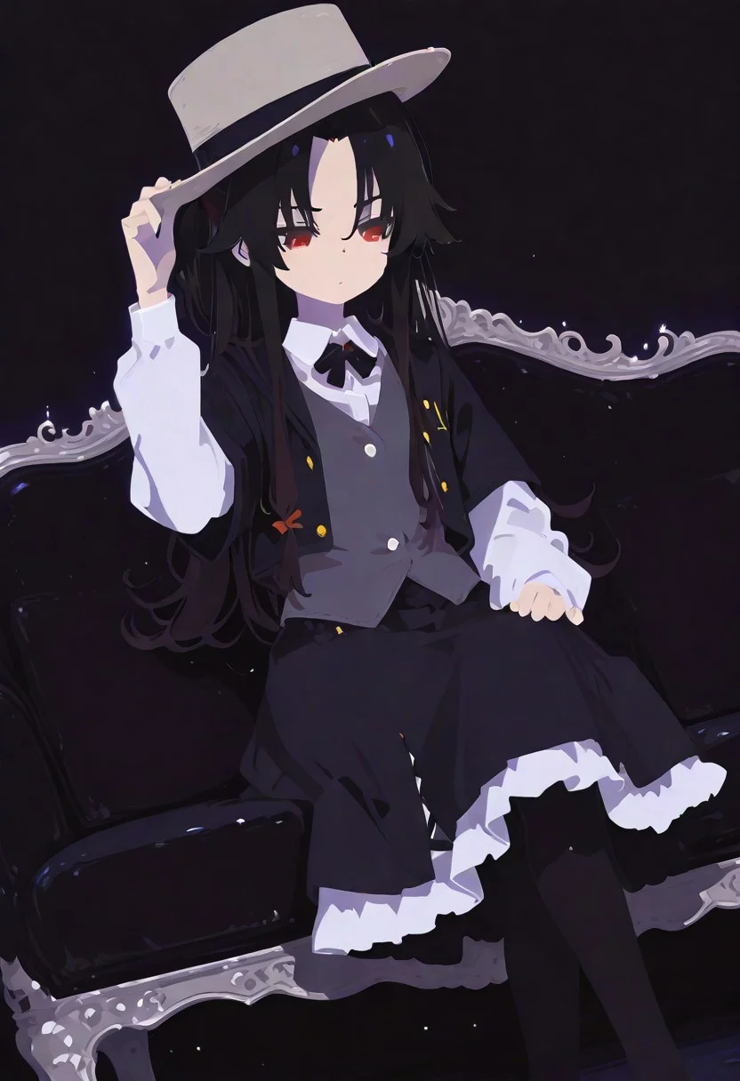 ai-default,yashajin ai,red eyes,black hair,long hair,sidelocks,one side up,black jacket,white collared shirt,short over long sleeves,grey vest,black skirt,frilled skirt,pantyhose,
masterpiece, best quality, (anime coloring), (minimalism:0.8),
elegant pose, tilted head, looking down, graceful pose, sitting on couch, hand on hat, crossed legs,
victorian furniture, dynamic angle, dark background, high contrast, spotlight effect, cinematic lighting