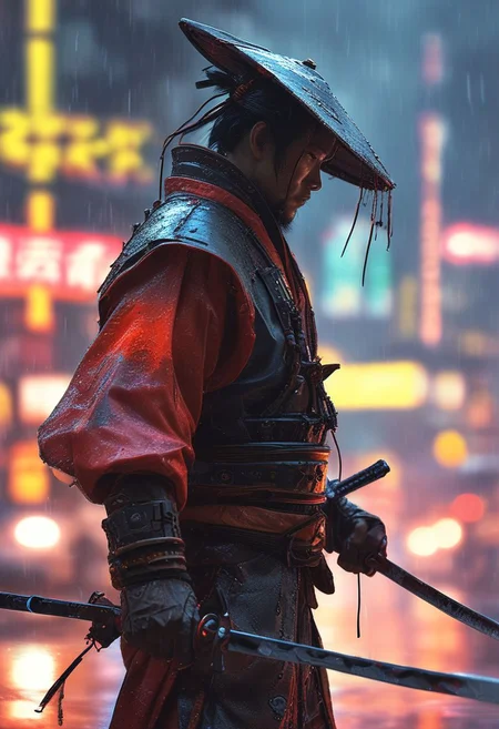 Cybernetic samurai in neon rain, masterpiece, fantasy, digital art, highly detailed, overall detail, atmospheric lighting, Awash in a haze of light leaks reminiscent of film photography, awesome background, highly detailed styling, studio photo, intricate details, highly detailed, cinematic, <lora:MJ52:0.6>,