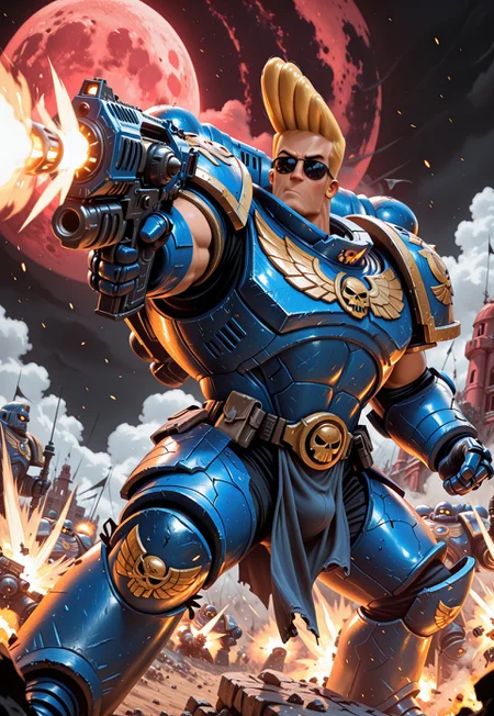 Masterpiece, absurdres, best quality, newest, solo, highly detailed, JohnnyBravo-ARAI-IL, 1boy, male focus, sunglasses, muscular, blonde hair, ultramarine armor, firing heavy bolter, battlefield setting, embers, black sky, blood moon, UltraM40k