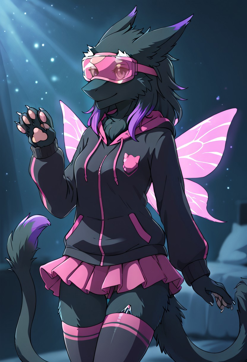 (cat-inspired character) displaying enchanting expressions through a futuristic (helmet (visor)), (glowing antlers), (sergal-like ears), and (moth wings), featuring dark fur with (purple undertones), (cat-like paws), (swaying tail), dressed in a sleek black hoodie, (medium skirt), (thigh-high socks), and a whimsical (cone hat), all accentuated by a shadowy color scheme for a mysterious and captivating vibe, ultra-detailed, high quality, slight-wormview, black fur, black fur, black fur, black fur