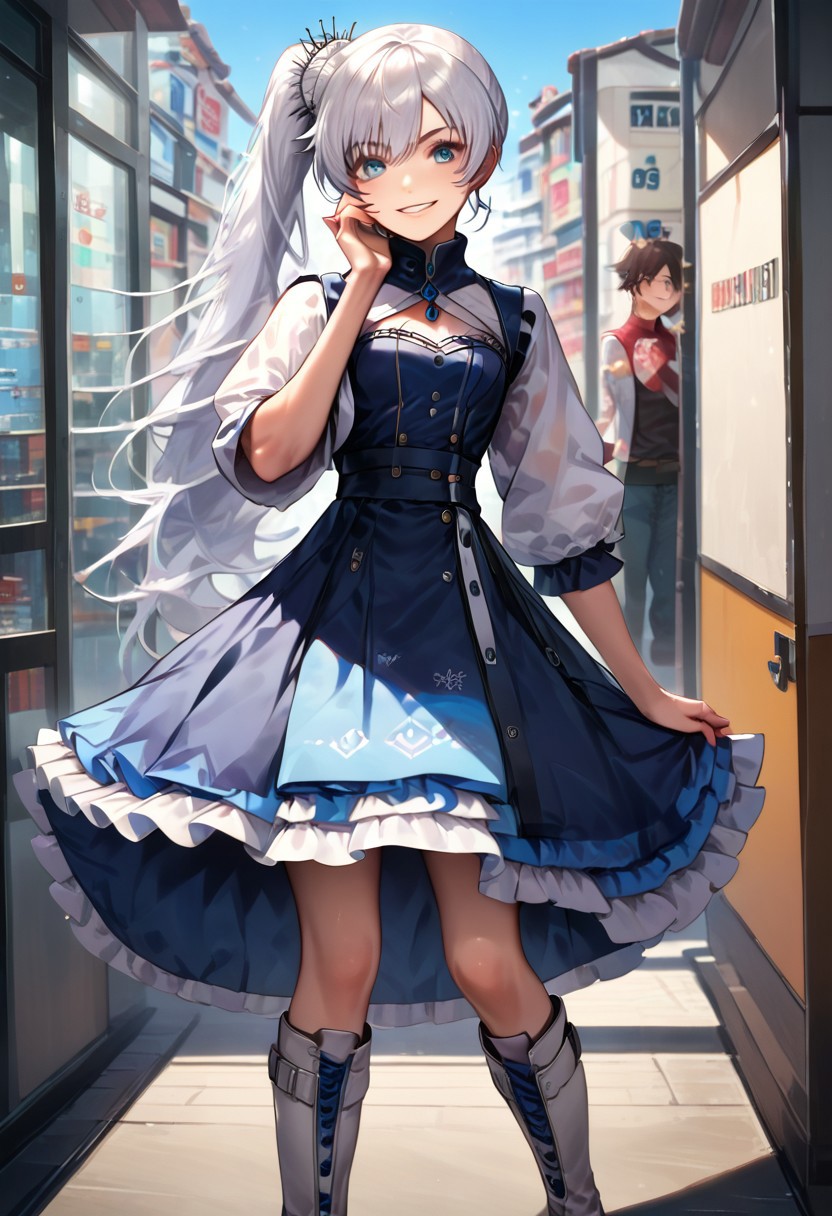 weiss_schnee, rwby, 1girl, white_hair, blue_eyes, long hair, side ponytail, score_9, score_8_up, score_7_up, score_6_up, score_5_up, score_4_up, source_anime, masterpiece, best_quality, smiling, wide smile, crazy smile, realistic skin, realistic hair, white jacket with high collar, frilly white skirt, white boots, standing, hand on cheek, looking down, looking at the viewer, kyoukieyes