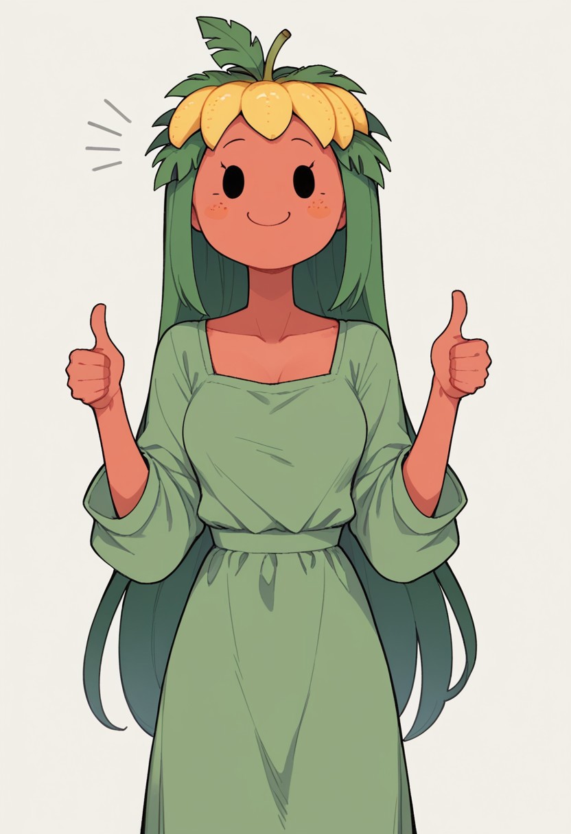score_9, score_8_up, score_7_up, BREAK, easynegative, 1girl, cute, h3ad, headless, object_head, thumbs up, made out of, juicy fruit, pineapple, juice, pineapple head, long hair, leaf hair, cartoon face, dot eyes, medium breasts, green dress, orange-red body, cowboy shot