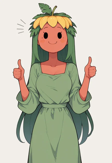 score_9, score_8_up, score_7_up, BREAK, easynegative, 1girl, cute, h3ad, headless, object_head, thumbs up, made out of, juicy fruit, pineapple, juice, pineapple head, long hair, leaf hair, cartoon face, dot eyes, medium breasts, green dress, orange-red body, cowboy shot
